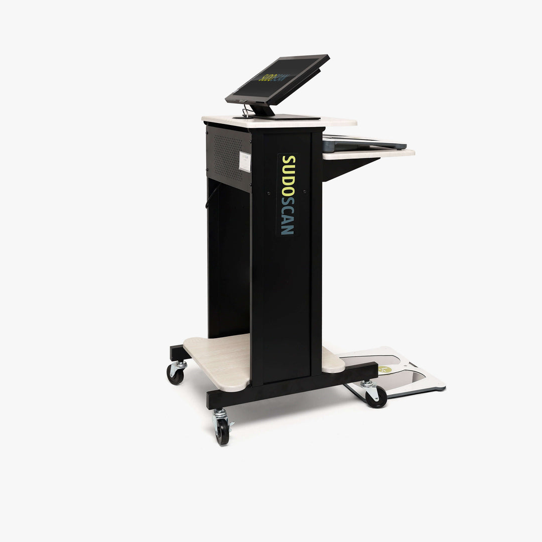 Right angled image of Sudoscan on Mobility Kit with screen showing