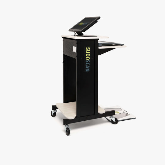 Right angled image of Sudoscan on Mobility Kit with screen showing